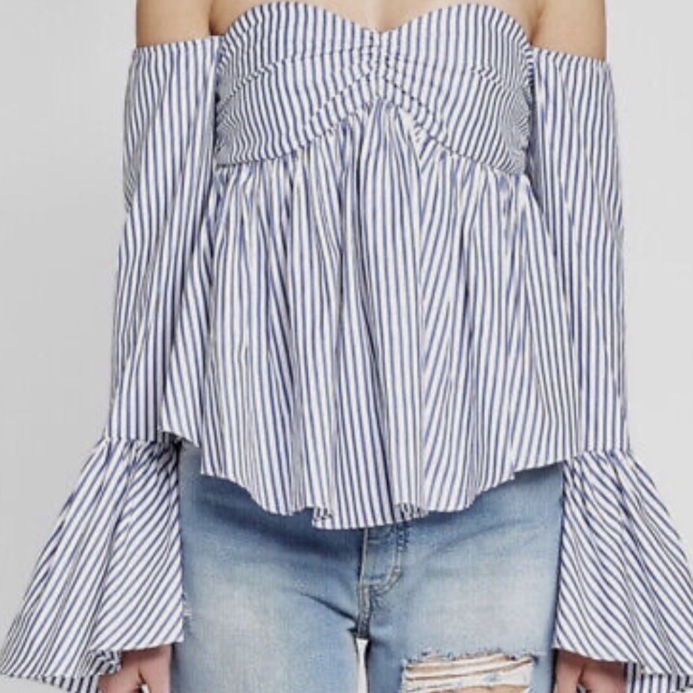Caroline Constas Blue and White Striped Off-Shoulder Blouse